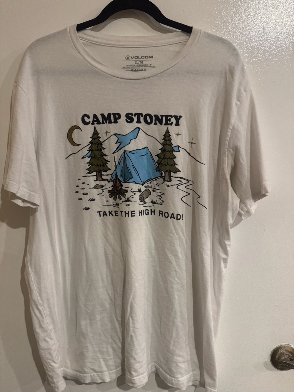 Volcom White Tee with Blue Tent and Green Trees Graphic